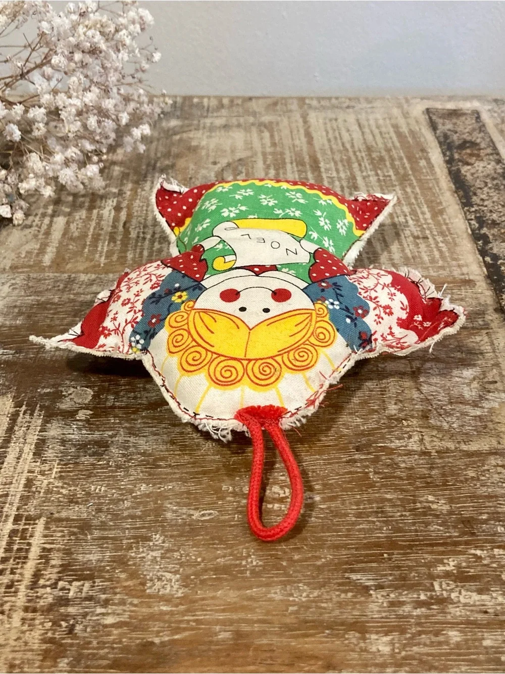 Vintage Holiday Angel Fabric Ornament - Red & Green 1980s Handmade Noel
